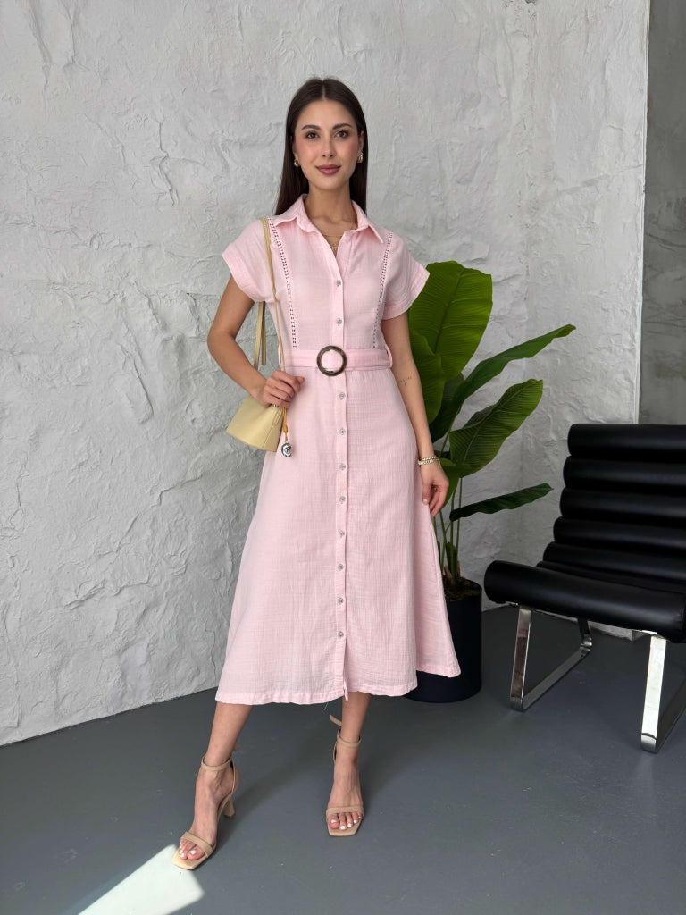 Pembe Dantel Detaylı Müslin Elbise