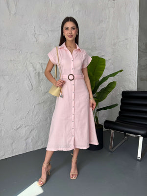 Pembe Dantel Detaylı Müslin Elbise