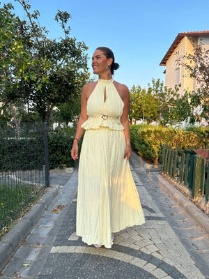 Sarı Halter Yaka Gold Detaylı Takım