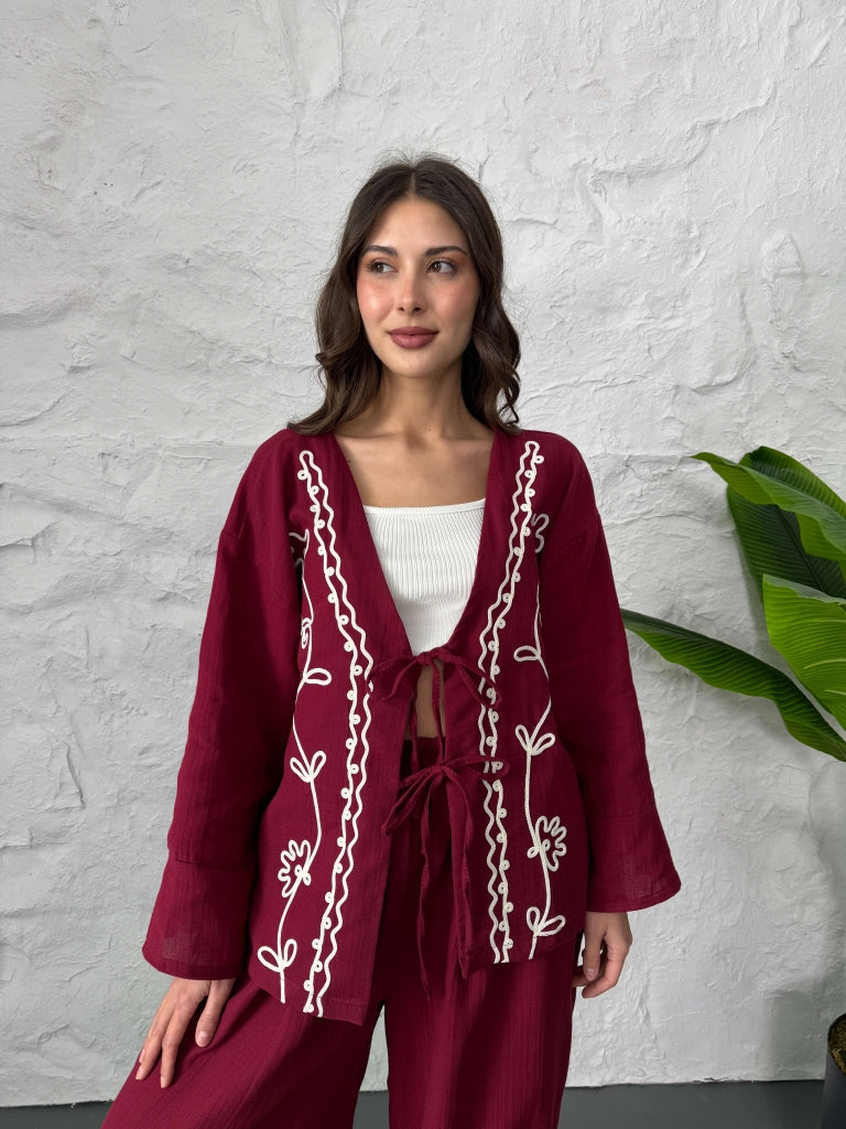 Bordo Nakışlı Müslin Kimono