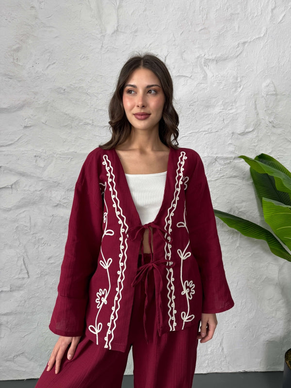 Bordo Nakışlı Müslin Kimono
