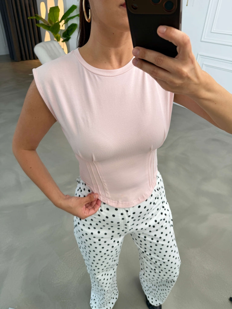 Pembe Beli Pile Detay Tshirt 2532-Pembe