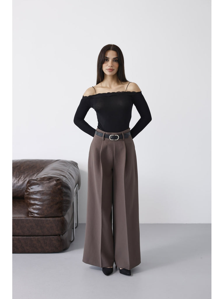 Kahverengi Gold Kemerli Palazzo Pantolon 51266-Kahverengi