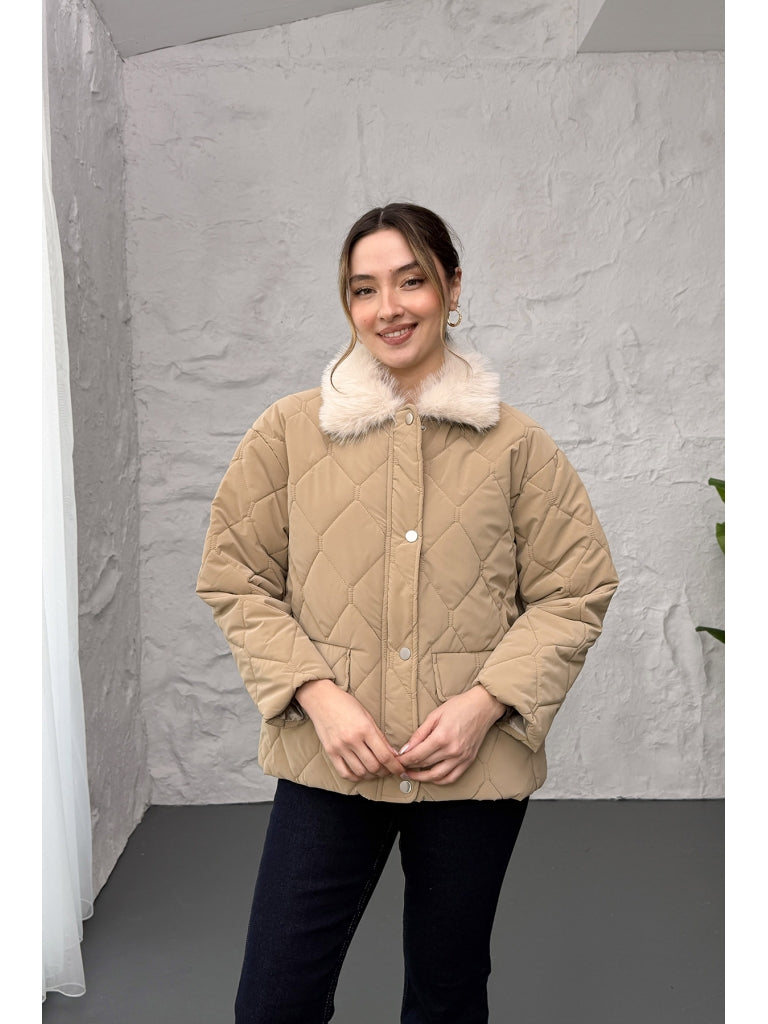 Vizon Yakası Kürklü Kapitone Mont 60559-Vizon