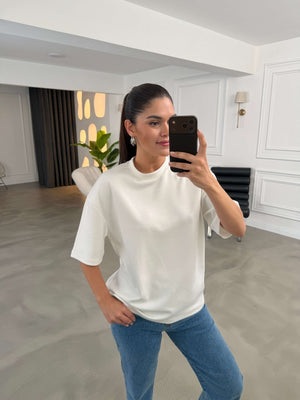 Ekru Siyah Sırtı Kalp Dekolteli Tshirt 1113-Ekru Siyah