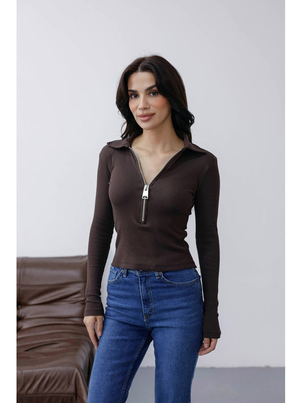 Kahverengi Yakası Fermuarlı Vatkalı Bluz 30412-Kahverengi