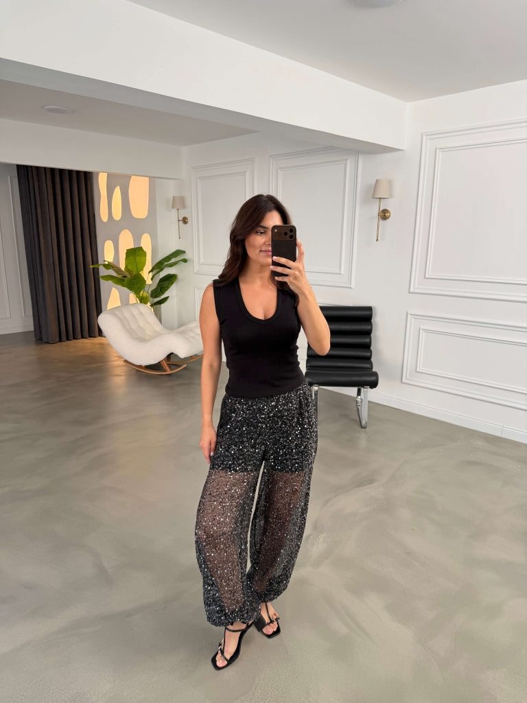 Siyah Pullu Şalvar Pantolon 8027-Siyah