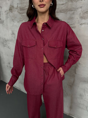 Bordo İnce Denim Takım 60416-BORDO