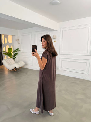 Kahve Polo Yaka Biyeli Modal Elbise 2393-Kahve
