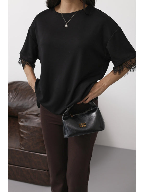 Siyah Sırtı Dantelli Tshirt 1073-Siyah