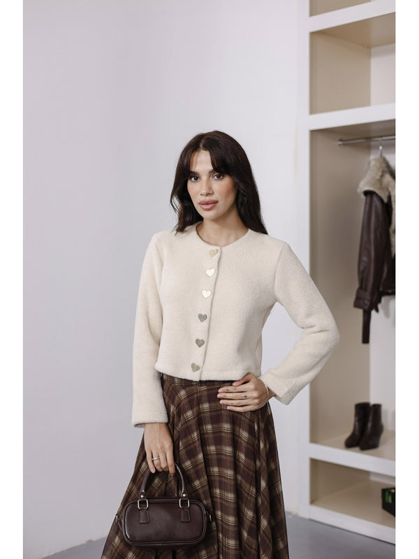Ekru Kalp Düğmeli Yumoş Hırka 7562-Ekru