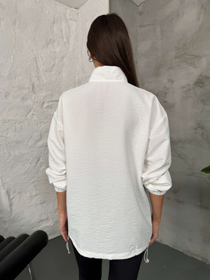 Beyaz Paraşüt Kumaş Fermuarlı Sweat