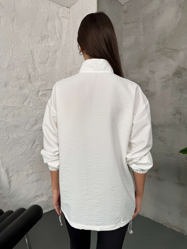 Beyaz Paraşüt Kumaş Fermuarlı Sweat