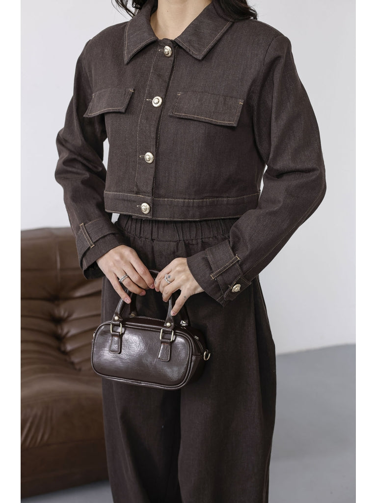 Kahverengi Paçası Çıtçıt Detaylı Denim Takım 51244-Kahverengi