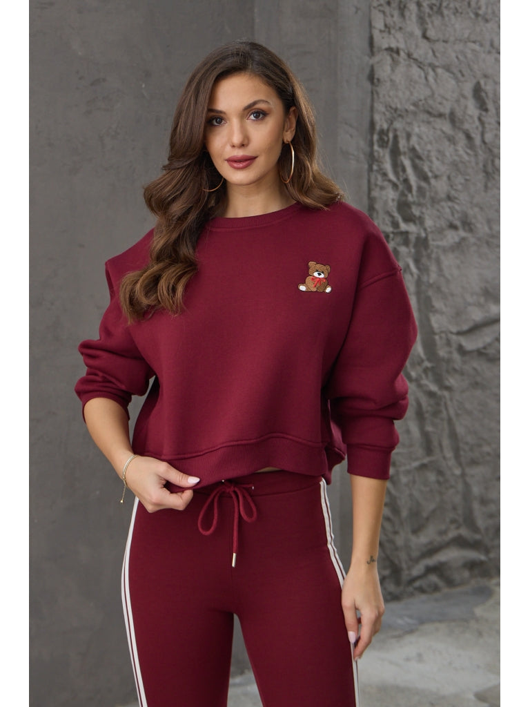 Bordo Teddy Nakış Detaylı Sweat