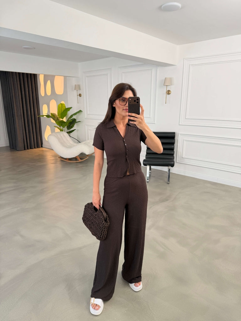 Kahve Ön Düğmeli Bürümcük Takım 2355-Kahve