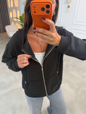 Siyah Kapüşonlu Fermuarlı Basic Sweatshirt 4321-Siyah