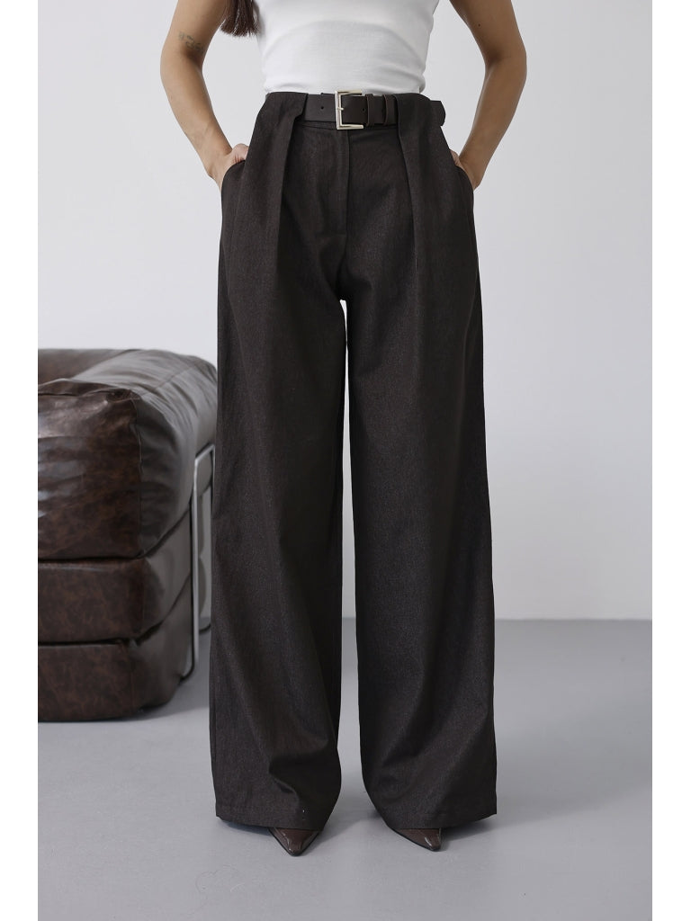 Kahverengi Belden Pileli Kemerli İnce Denim Pantolon 58479-Kahverengi