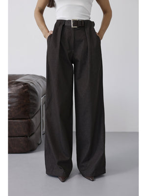 Kahverengi Belden Pileli Kemerli İnce Denim Pantolon 58479-Kahverengi