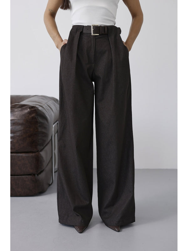 Kahverengi Belden Pileli Kemerli İnce Denim Pantolon 58479-Kahverengi