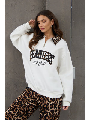 Beyaz Leopar Nakışlı Polo Yaka Sweat