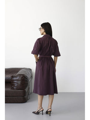 Mürdüm Önden Fermuarlı Kuşaklı Elbise 0049-Mürdüm
