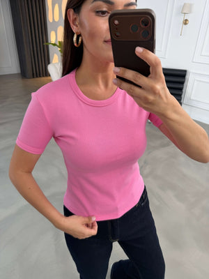 Pembe Bisiklet Yaka Basic Tshirt 24104-Pembe