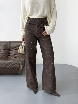 Koyu Kahve Taş Detaylı Palazzo Jean 0027-KOYU KAHVE