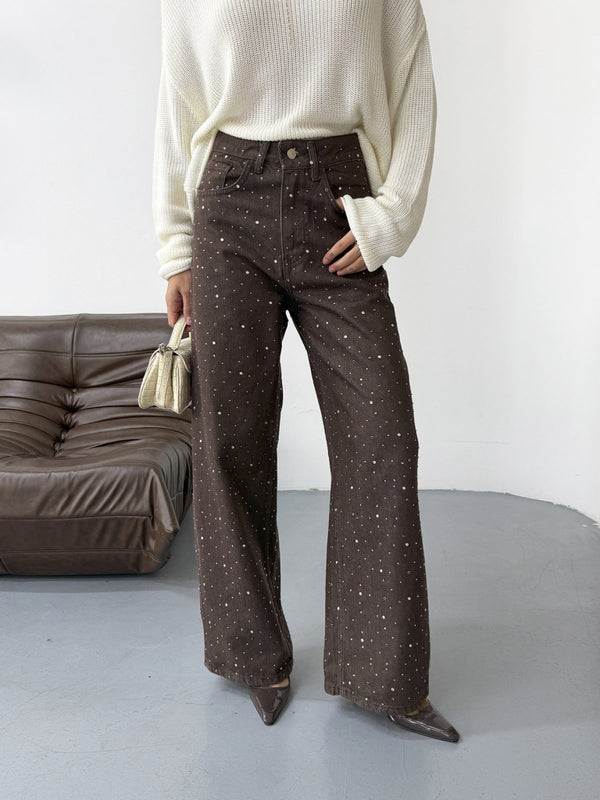Koyu Kahve Taş Detaylı Palazzo Jean 0027-KOYU KAHVE