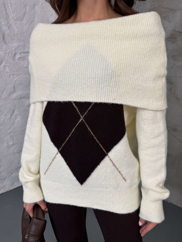 Ekru Açık Yaka Baklava Desen Kazak 2530-Ekru