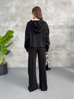 Siyah Kapşanlu Çift Fermuarlı Takım 0091-SİYAH