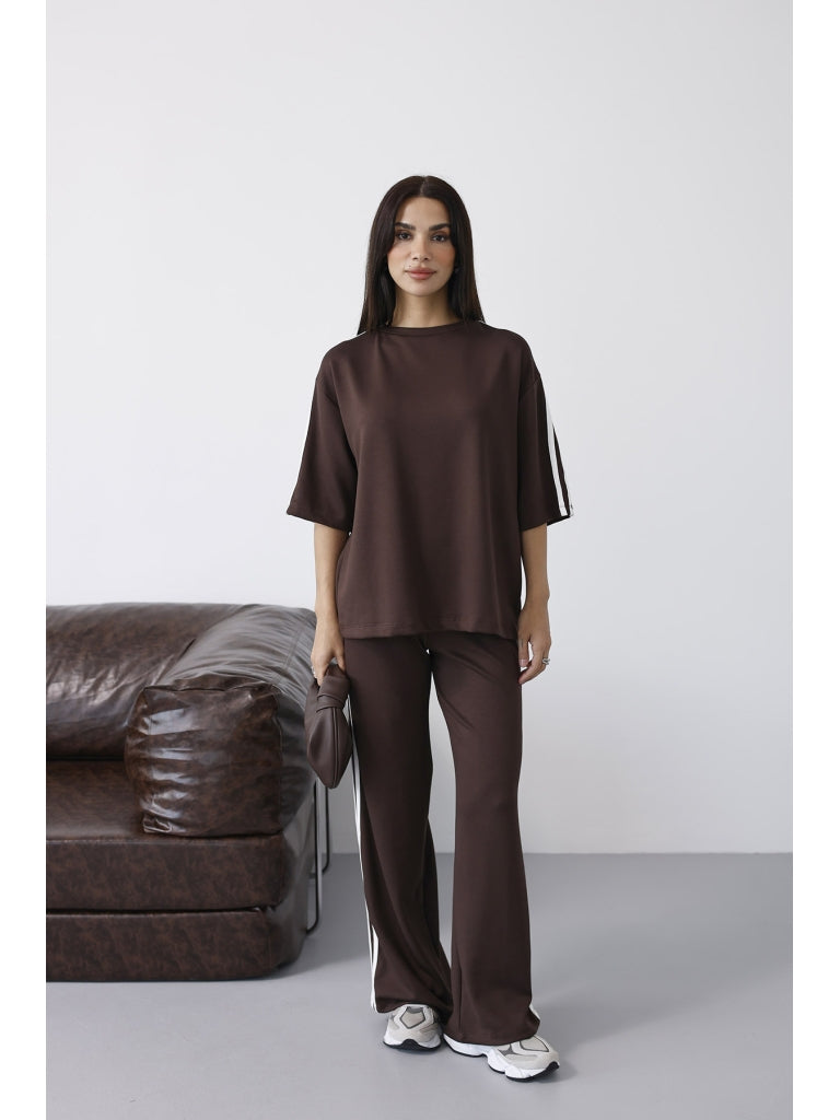 Kahverengi Şerit Detaylı Tshirt Takım 4101-Kahverengi