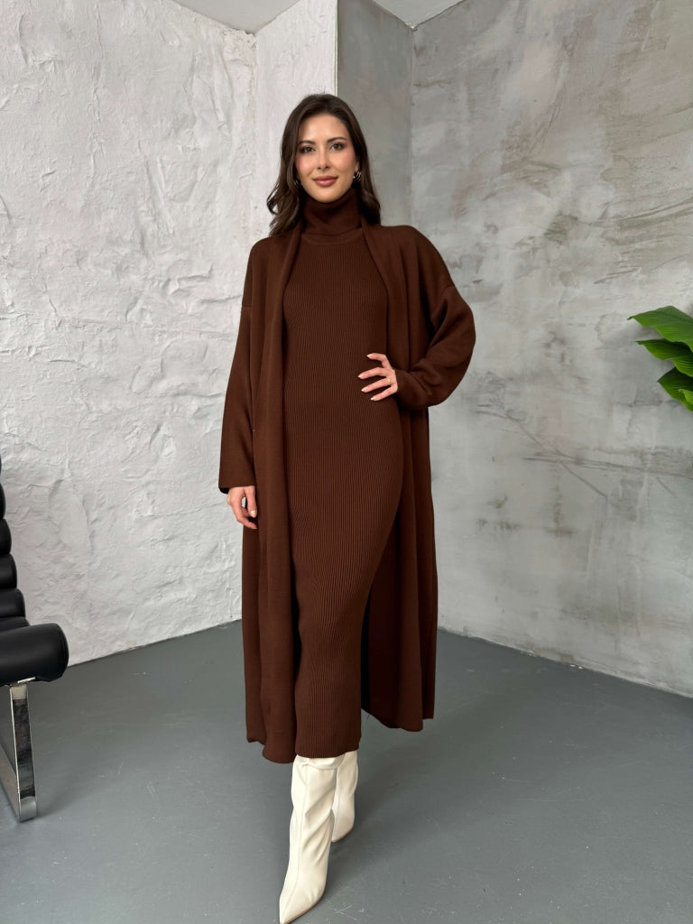 Kahverengi Elbiseli Hırka Takım 10117-Kahverengi