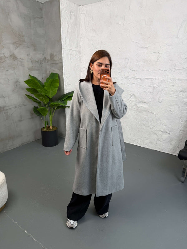 Gri Kapşonlu Kaşe Kaban 2610-Gri