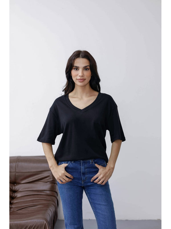 Siyah Orj Marka V Yaka Tshirt 6598-Siyah