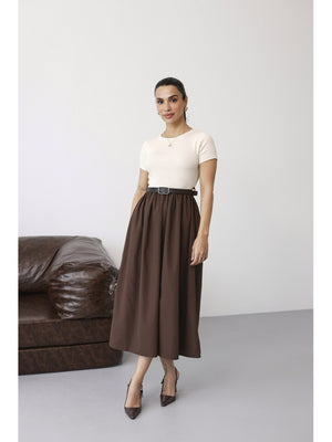 Kahve Kemerli Maxi Kısa Kollu Elbise 2017-Kahve