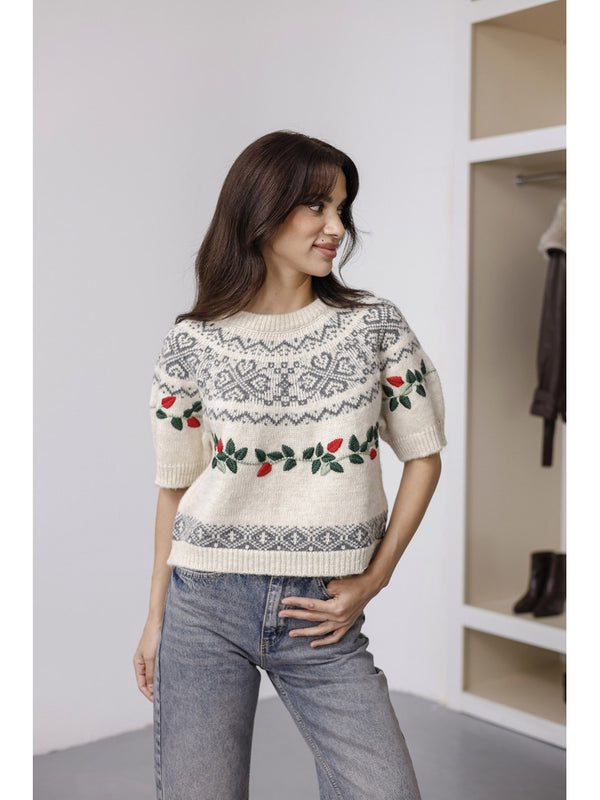 Ekru Nakış İşlemeli Triko Kazak 2616-Ekru