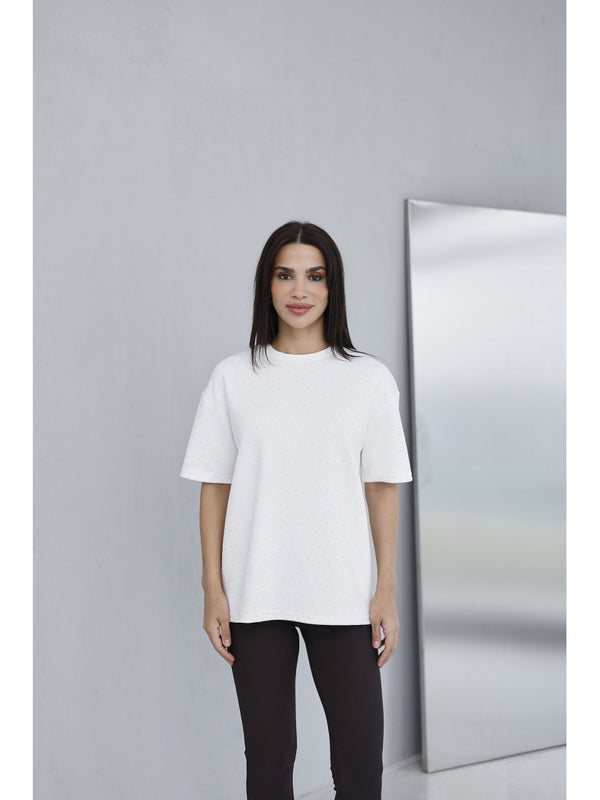 Beyaz Taş Baskılı Tshirt 4236-Beyaz