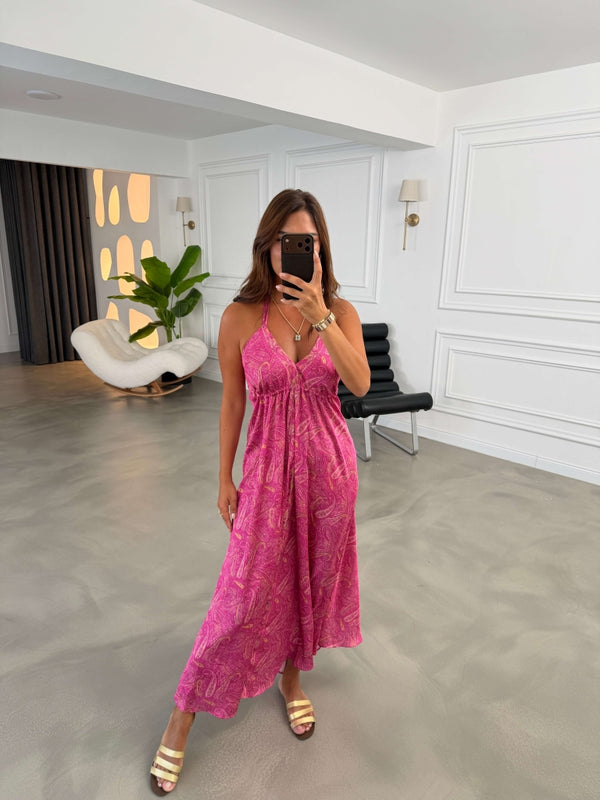 Pembe Etnik Desen Saten Elbise 4254-Pembe