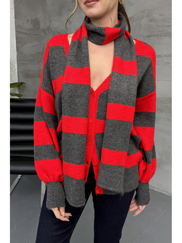 Kırmızı Çizgili Atkılı Hırka 2569-Kırmızı