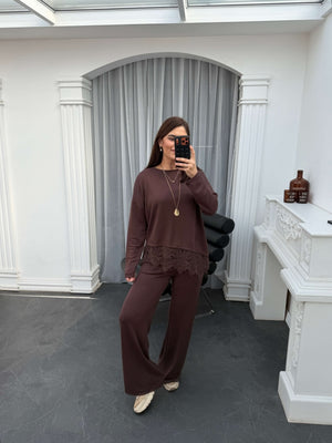 Kahverengi Etek Ucu Dantelli Modal Takım 4105-Kahverengi