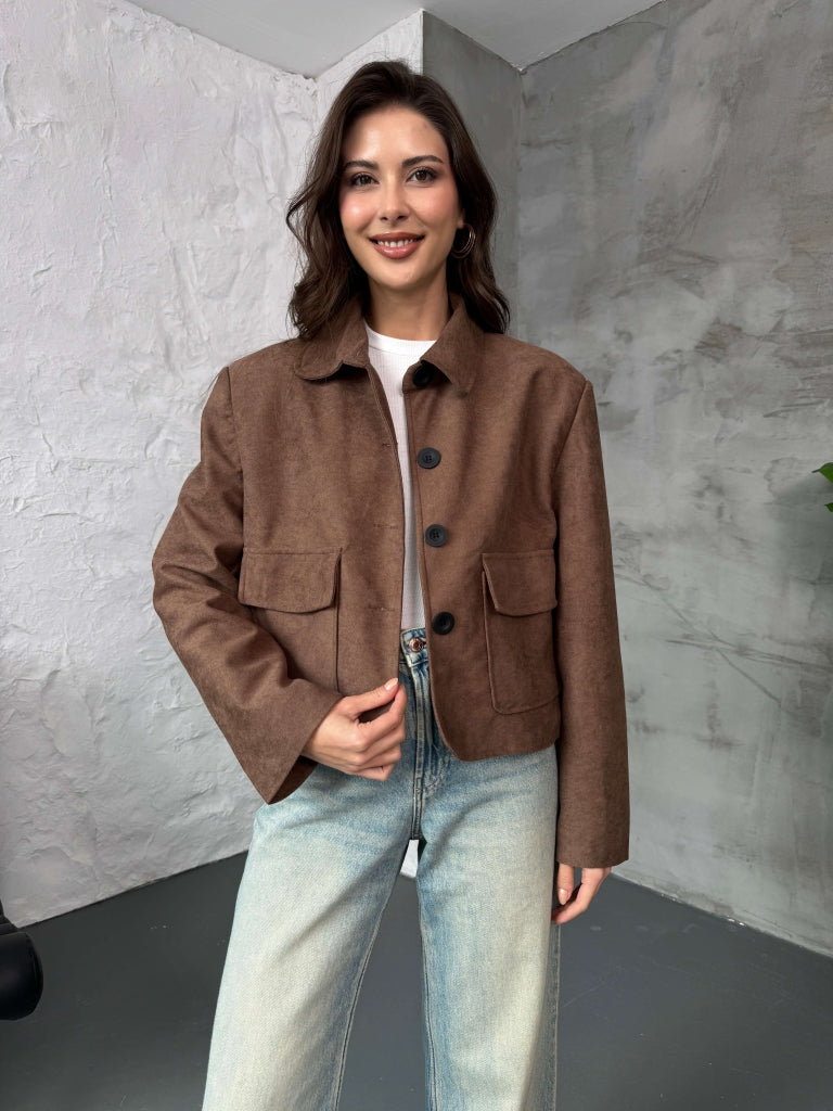 Kahverengi Cepli Süet Kısa Ceket 9486-Kahverengi