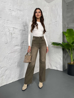 Haki Straight Kesik Paça Jean 21145-Haki