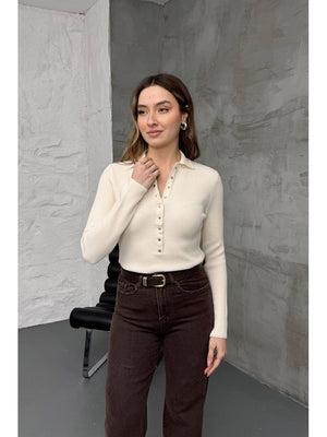 Krem Polo Yaka Çıtçıtlı Kazak 251172-Krem