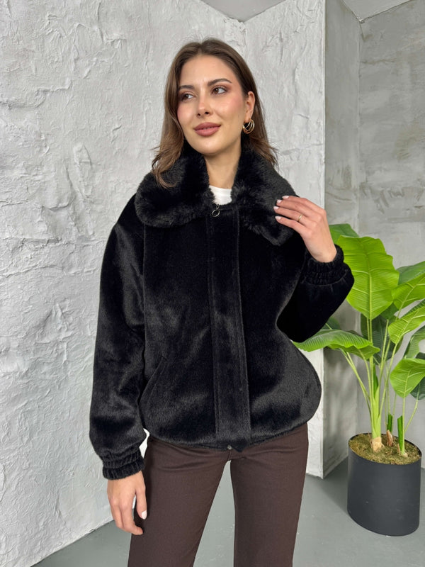 Premium Siyah İthal Kumaş Kürk Mont 70099-Siyah