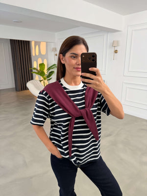 Bordo Fularlı Çizgili Tshirt 58499-Bordo