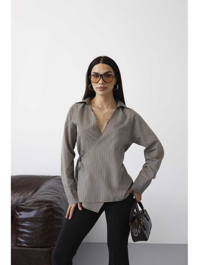 Kahverengi Çizgili Bağlamalı Gömlek 3229-Kahverengi