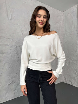 Ekru Kayık Yaka Modal Bluz 2540-Ekru