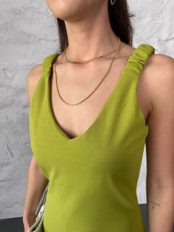 Olive Omuzu Lastik Askılı Elbise