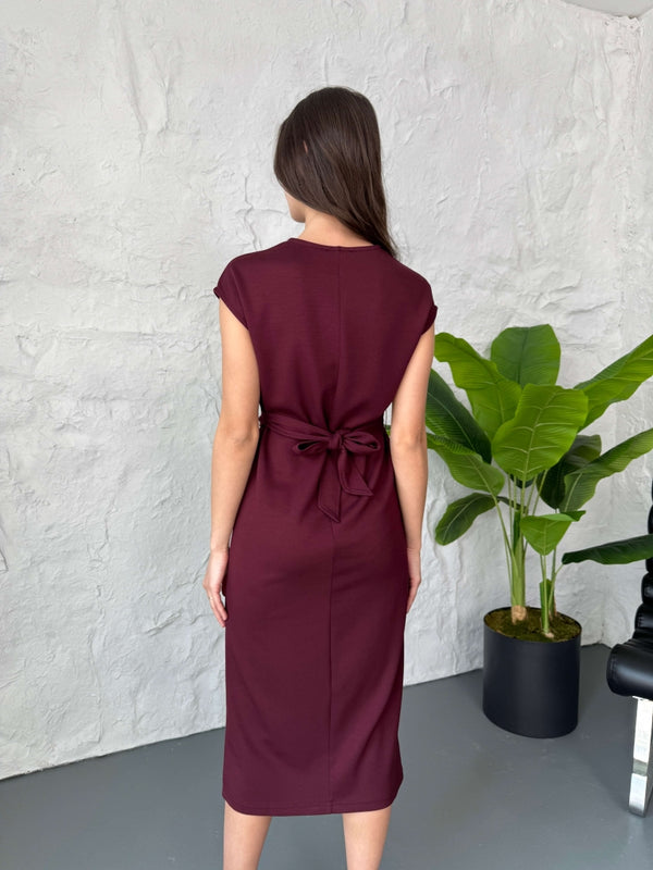 Bordo Önden Kuşak Detaylı Modal Elbise